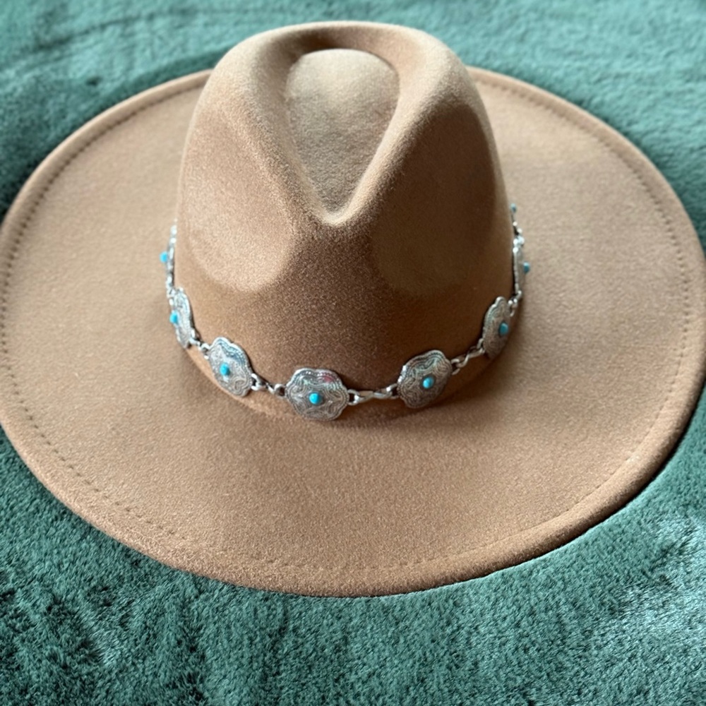 Tan Western Hat with Silver and Turquoise Details
